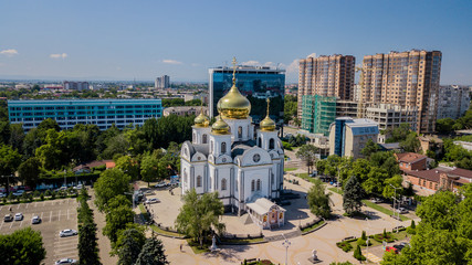 Aerial view of St. Alexander Nevsky Cathedral in the city of Krasnodar