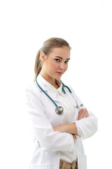 Fototapeta premium Confident female and young beautiful doctor in white uniform holding stethoscope willing and always ready to help you. Isolated on white background