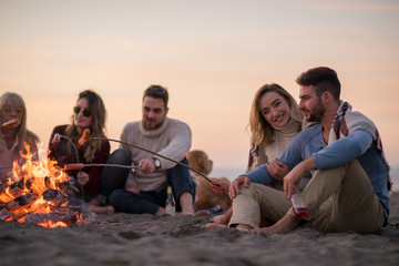 Group Of Young Friends Sitting By The Fire at beach