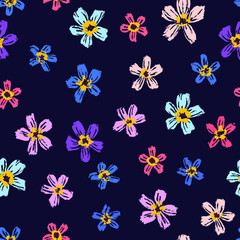 Fototapeta na wymiar Vector seamless pattern with hand drawing wild flowers, colorful botanical illustration, floral elements, hand drawn repeatable background. Artistic backdrop.