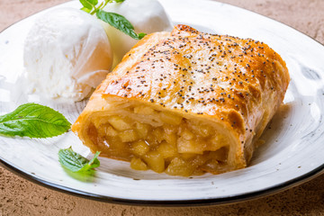 Apple strudel with ice cream