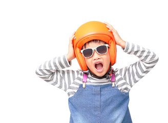 little girl wearing helmet with strain acting. Clipping path.