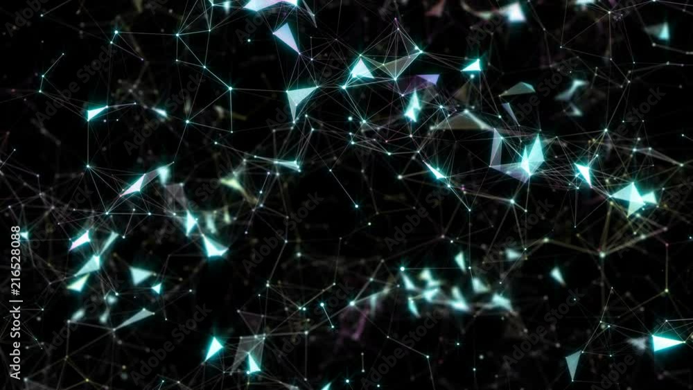 Poster Blue fantasy abstract technology, engineering and science motion background with particles and plexus connected lines in organic motion. Flickering star light. Depth of field settings. 3d rendering