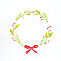 Christmas wreath watercolor painting on white paper background, Illustration art design Christmas greeting card background