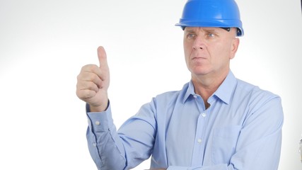 Manager Wearing Engineer Helmet Make Good Job Sign Thumbs Up Gestures