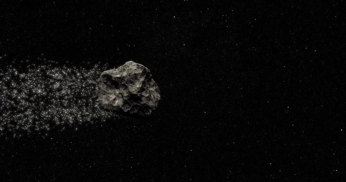 Camera tracks a passing asteroid which is trailing dust, and continues pan to a distant Callisto. Can be rotated 180 degrees. Elements of this image furnished by NASA.