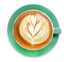 Top view of hot coffee cappuccino latte art in jade color cup isolated on white background, clipping path included