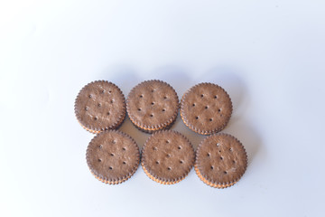 Chocolate Biscuits isolated on white background. selective focus with text space.