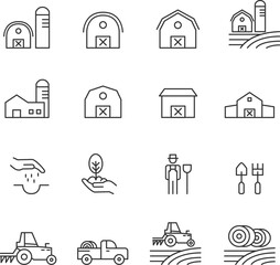 Barn Line Icons Set Vector Illustration , Farmer And Village Farm