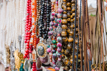 Lot of colorful beads on Indonesian market handmade jewellery