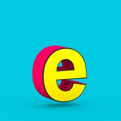Superhero red and yellow letter E lowercase isolated on blue background.