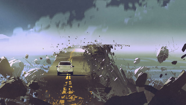 car on the broken asphalt road in the place without gravity, digital art style, illustration painting