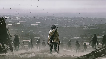 Foto op Plexiglas man met wapens geconfronteerd met een menigte zombies tegen de post-apocalypswereld, digitale kunststijl, illustratie, schilderkunst © grandfailure