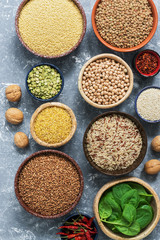 Healthy eating. Foods rich in protein, cereals, legumes, spinach. View from above.
