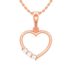 3D illustration isolated jewelry rose gold diamond heart necklace on chain