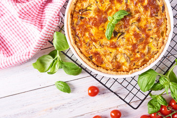 Homemade quiche lorraine  chicken, mushrooms and cheese