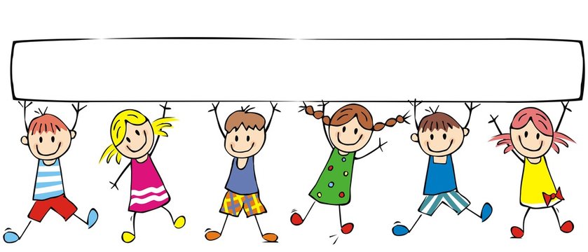 Happy children and banner, group of cheerful kids on white background, vector funny illustration