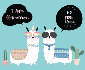Blue hand drawn cute card with llama, glasses and cactus.Llama not drama - obrazy, fototapety, plakaty