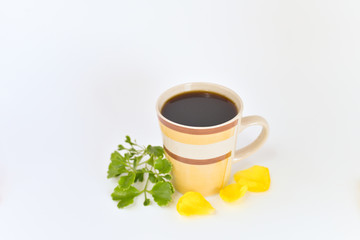 a cup of coffee with tropical flowers isolated on white background. selective focus.