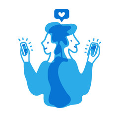 Male and female give likes to each other on social media apps. Monochrome vector illustration about online dating and romantic relationships on social networks. EPS10.
