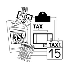 clipboard taxes with calculator and bills vector illustration design