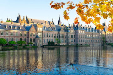 facade of Binnenhof - Dutch Parliament with fall leaves, The Hague, Holland