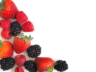 Fresh strawberry, raspberry and blackberry on wooden background, healthy food and diet.