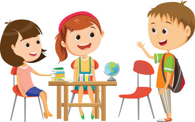 cute little school girl waiting for one of her classmates at the desk to studying 