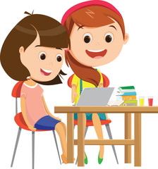 Happy Schoolgirls Studying Together At Desk