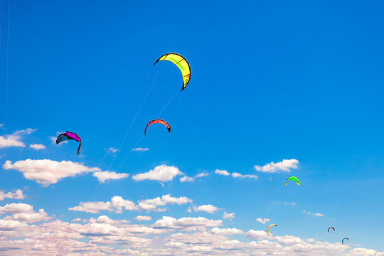 Kites for wind surfing off the italian sandy beach of Rosignano