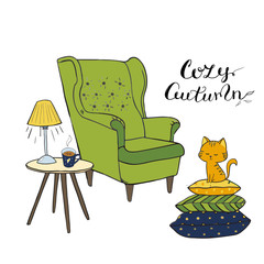 Cozy room, tea time Vector set. Cozy home things like tea, cat, chair, pillows, books, apple pie and other Danish happiness concept