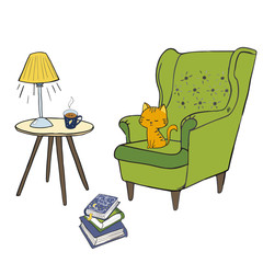 Cozy room, tea time Vector set. Cozy home things like tea, cat, chair, pillows, books, apple pie and other Danish happiness concept
