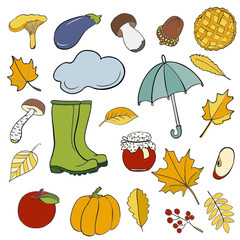 Set of hand drawn doodle elements about autumn. Cozy fall collection of drawings, vector drawing