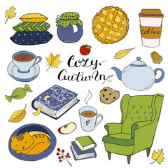 Set of hand drawn doodle elements about autumn. Cozy fall collection of drawings, vector drawing