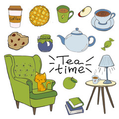 Cozy room, tea time Vector hand drawn set. Cozy home things like tea, cat, chair, pillows, books, apple pie and other Danish happiness concept