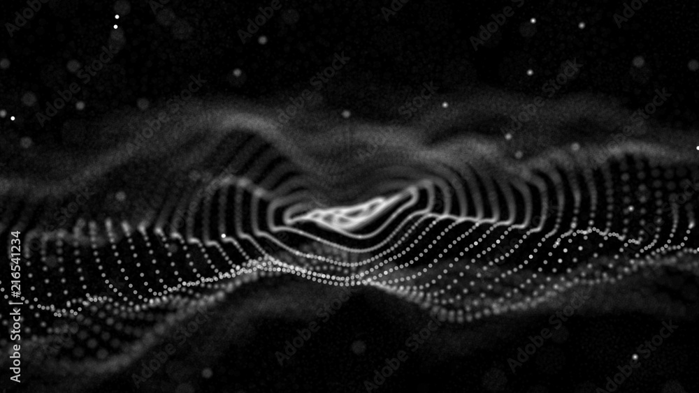 Poster Abstract digital wave particle. Abstract music background. Futuristic point wave. Big data. 3D rendering.