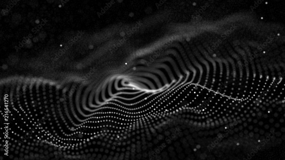 Poster Abstract digital wave particle. Abstract music background. Futuristic point wave. Big data. 3D rendering.
