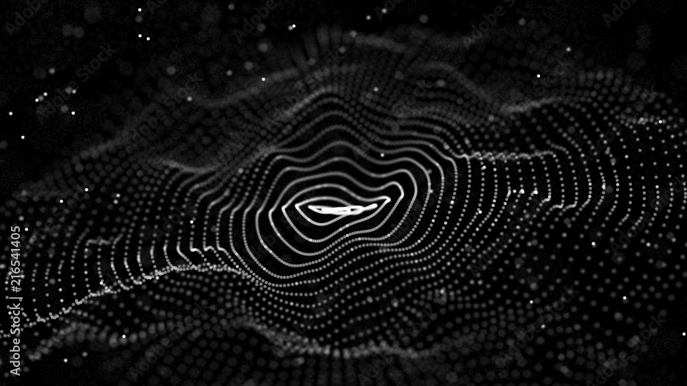 Poster Abstract digital wave particle. Abstract music background. Futuristic point wave. Big data. 3D rendering.