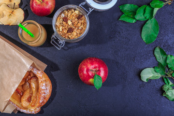 apple around green leaves pie musli decoration table