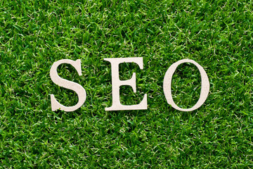 Wood alphabet in word SEO (Abbreviation of search engine optimization) on artificial green grass background