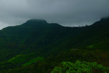 Lush green monsoon nature landscape mountains, hills, Purandar, Pune, Maharashtra, India 