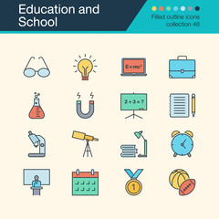 Education and School icons. Filled outline design collection 48. For presentation, graphic design, mobile application, web design, infographics.