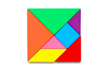 Color tangram puzzle in square shape on white background