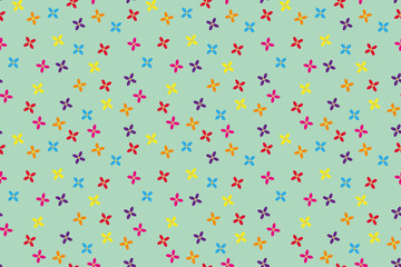 floral seamless pattern of multicolored flowers on green background