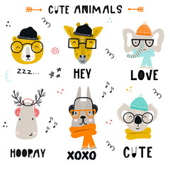 Collection of cute kids cartoon animals with clothes, accessories and lettering in scandinavian style.