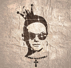 Portrait of beautiful woman in sunglasses and crown. Short hair. Front view. Necklace with cross. Silhouette textured by lines and dots pattern
