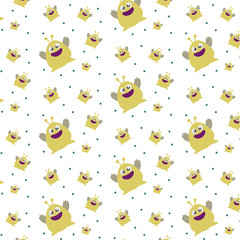 Pattern ornament with funny cute yellow monster on white background