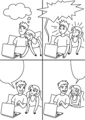 Boy and girl talking in bed with laptop comic strip. Vector Retro Comic Book Speech Bubbles Illustration