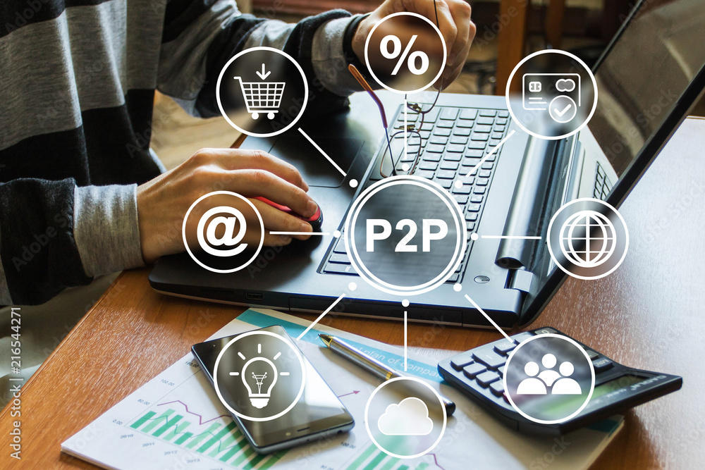 Poster businessman presses button p2p peer-to-peer on virtual electronic user interface.