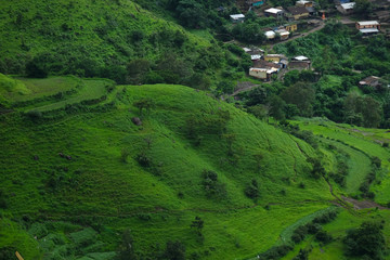 Lush green monsoon nature landscape mountains, hills, Purandar, Pune, Maharashtra, India 